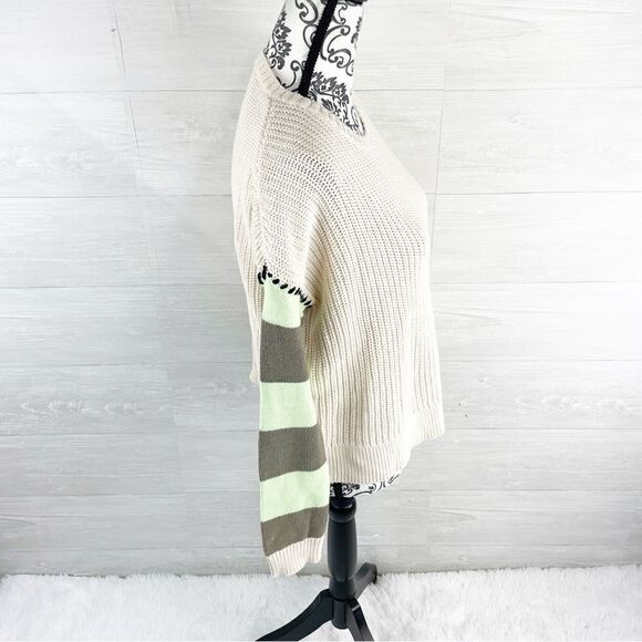 Lisa Todd Striped Sleeve Cotton Blend Crewneck Knit Sweater - Picture 3 of 7